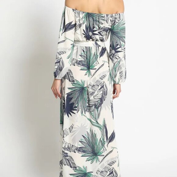 NWT Tropical Palm Print Off Shoulder Maxi Dress 3/4 Sleeve Tie Elastic Waist Med - Picture 2 of 4